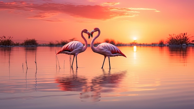 Flamingos Grace Serene Lagoon Piume rosa che riflettono il sole al tramonto