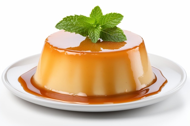 Flan caramellato che trema su un piatto bianco con salsa caramellata