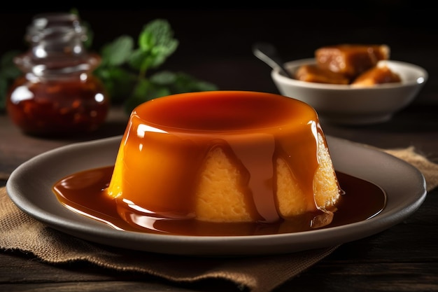 Flan con una ciotola di menta sul lato