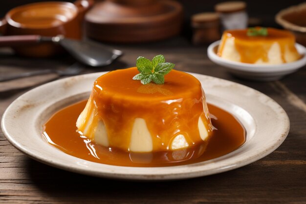 Flan spagnolo da dessert con salsa servito sul piatto