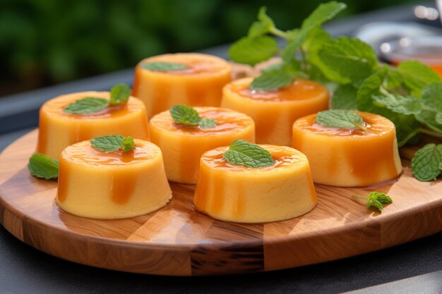 Flan tagliato su un vassoio di legno con foglie di menta