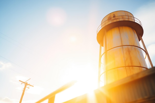 Flare solare accanto a una torre d'acqua durante l'ora d'oro