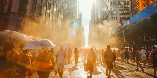 Flare solare su una strada trafficata della città con persone che portano ombrelli Adattamento al clima caldo in urbano