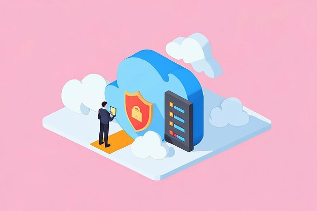 Flat 3D Isometric Cloud Computing Upload protetto dallo scudo di sicurezza