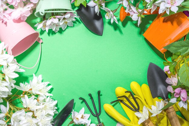 Flatlay da giardinaggio primaverile con attrezzi da giardinaggio e piantine di erbe guanti da giardino primaverili rami di alberi in fiore vista dall'alto spazio di copia