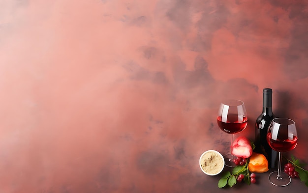 Flatlay di rosa rossa e vino bianco in bicchieri