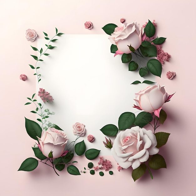 Flatlay romantico con fiori di rosa colore rosa Cornice quadrata di fiori di rosa foglio di carta bianco bianco al centro per il testo Sfondo chiaro