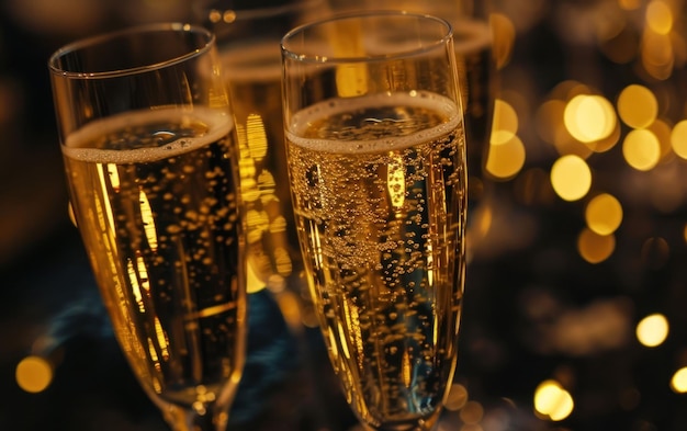Flauti di champagne pieni di bollicine catturati in un brindisi