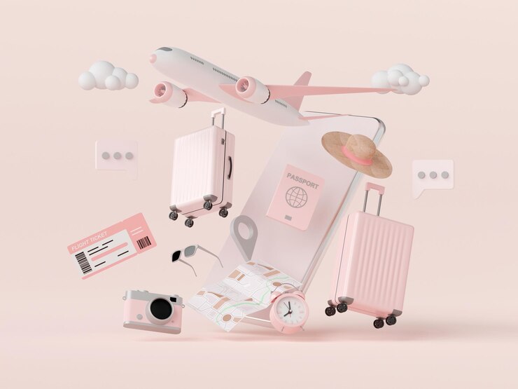Flight booking buy ticket or checking application on smartphone 3d illustration