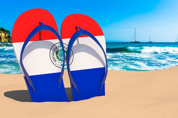 Flip flops con la bandiera del Paraguay sulla spiaggia Le località turistiche del Paraguay I pacchetti di viaggio concetto rendering 3D