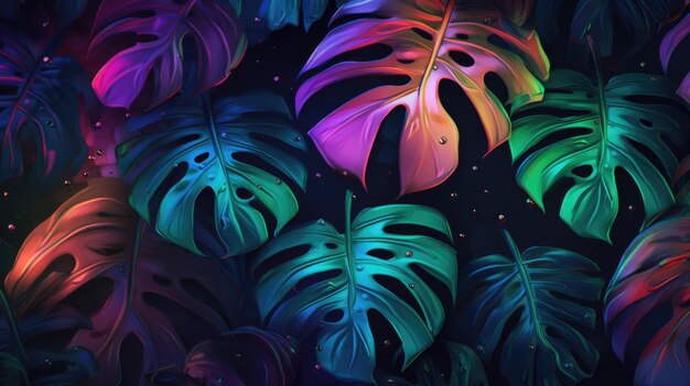 Flora fluorescente che esplora la tendenza tropicale oscura con luci al neon