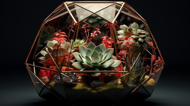 Florario in vetro geometrico con piante succulente