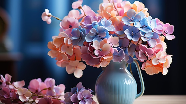 Flore dell'ortensia colorata e un bellissimo vaso di ceramica natura morta con fiori generativo vintage