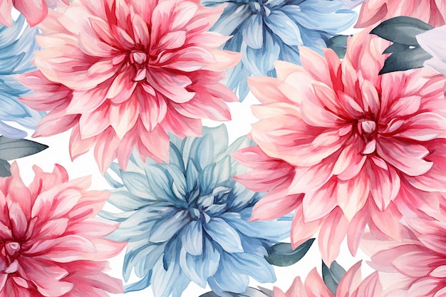 Flori di dahlia rosa e blu illustrazione ad acquerello