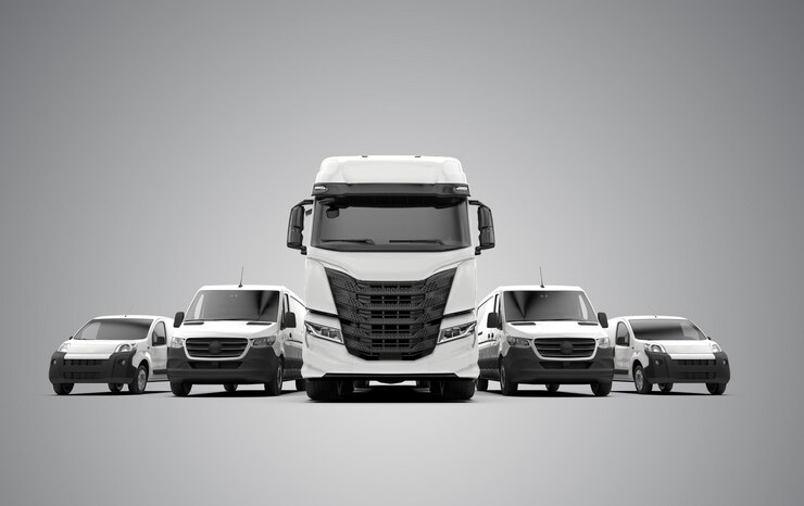 Flotta logistica su sfondo grigio Illustrazione 3D