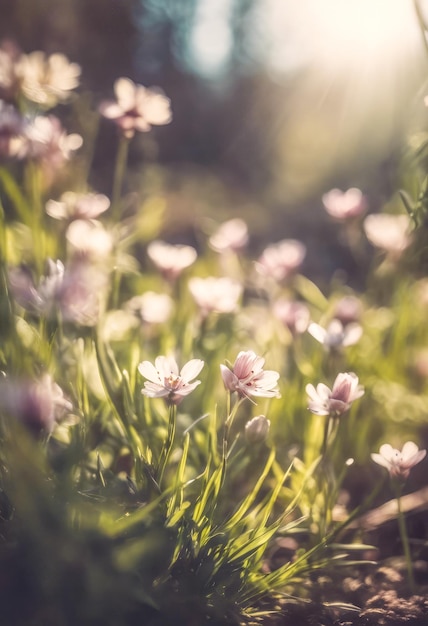 Floweret soleggiato prato primaverile primo piano orizzontale con breve profondità di messa a fuoco Natur concetto di sfondo per il tempo libero ed ecologia con spazio per testo e design