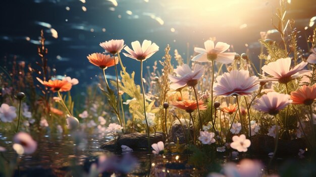 Flowers Meadow with Sunlight Fantasy sfondo naturale immagine generata dall'IA