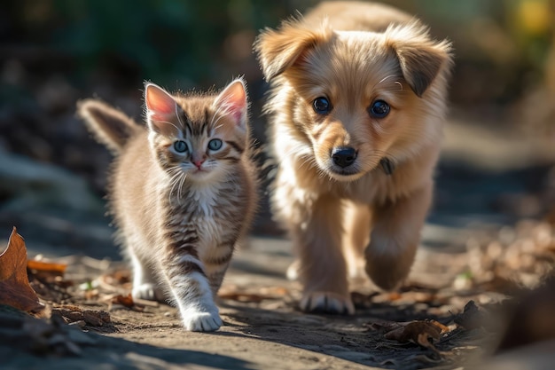 Fluffy Puppy Trails Curious Kitten IA generativa