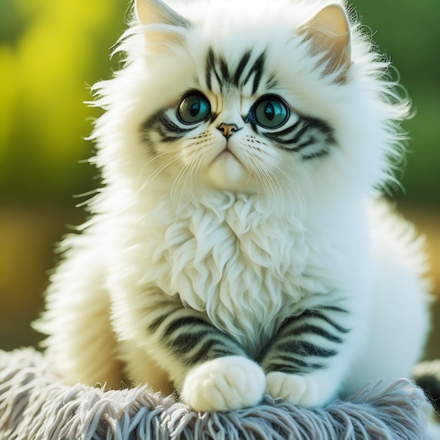 Fluffy White Cat con occhio misterioso Fantasia di un simpatico gatto peloso Mammifero domestico AI generato