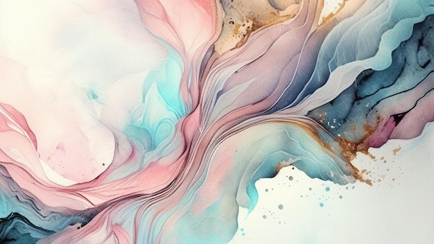 Fluid art carta pastello marmorizzazione sfondo Macchie ondulate azzurre e rosa Illustrazione generativa AI astratta