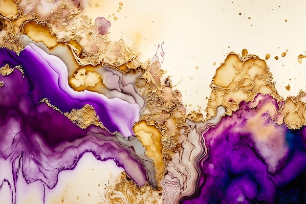 Fluid Art Inchiostro viola liquido e oro metallici gocce astratte e onde Illustrazione generativa di IA