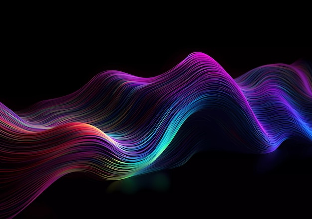 Fluido astratto 3D render holografico iridescente ondata di neon curva sullo sfondo nero