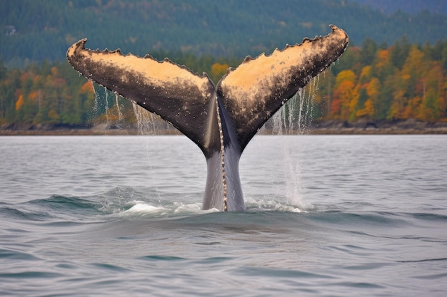 Fluke della coda di balena megattera che spruzza acqua durante l'immersione creata con l'IA generativa