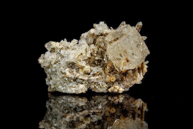 Fluorite di pietra minerale macro con quarzo su sfondo nero