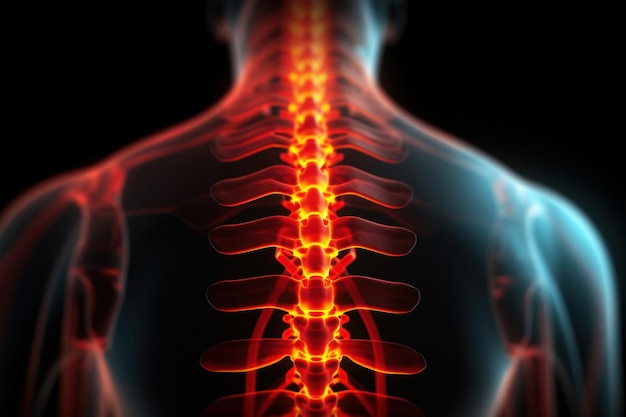 Fluorografia della colonna vertebrale umana che visualizza il dolore con colori rossi e arancione