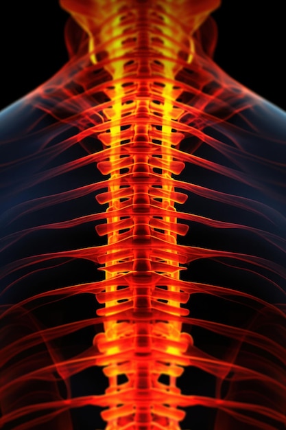 Fluorografia della colonna vertebrale umana che visualizza il dolore con colori rossi e arancione