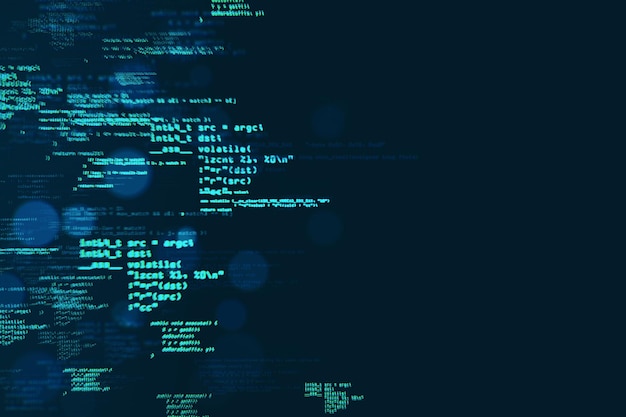 Flussi di codice digitale con simboli di programmazione e dati su uno sfondo blu scuro che rappresenta il cyberspace e la tecnologia digitale Rendering 3D