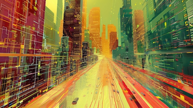 Flussi di dati che scorrono intorno a un paesaggio urbano futuristico che raffigura il flusso di informazioni