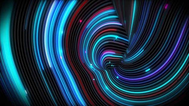 Flussi luminosi di vortice a spirale di rendering 3D su una superficie con linee. Sfondi decorativi colorati per presentazioni, vacanze, riprese. Modello di copertina, layout di volantino aziendale, carta da parati