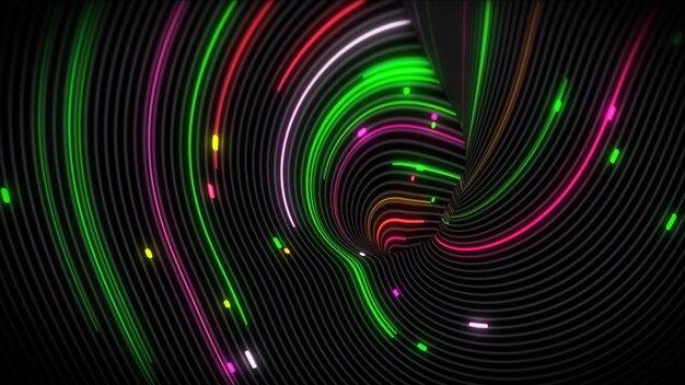 Flussi luminosi di vortice a spirale di rendering 3D su una superficie con linee. Sfondi decorativi colorati per presentazioni, vacanze, riprese. Modello di copertina, layout di volantino aziendale, carta da parati