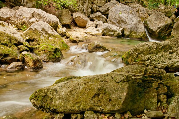 Flusso d'acqua a flusso veloce del fiume di montagna nelle rocce con muschio