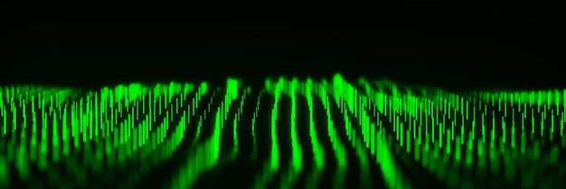 Flusso d'onda dinamico astratto di linee luminose verdi verticali su sfondo scuro Concetto di sfondo dell'onda digitale Visualizzazione di grandi dati Rendering 3D