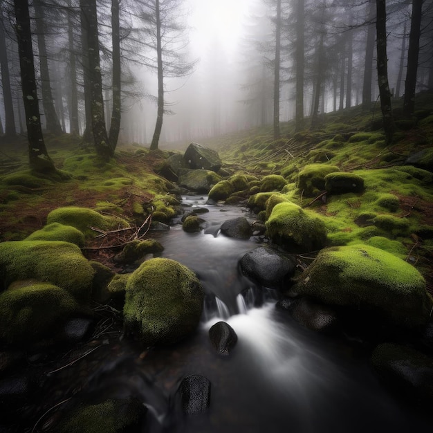 Flusso della foresta nebbiosa nell'immagine a lunga esposizione del bosco