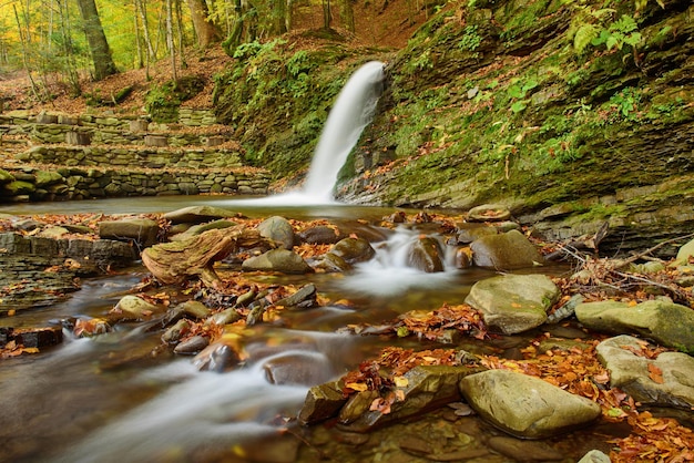 Flusso di cascata di montagna autunnale nelle rocce con foglie secche cadute rosse colorate, sfondo stagionale naturale