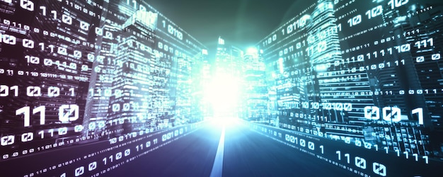 Flusso di dati digitali su strada con sfocamento del movimento per creare una visione di trasferimento di velocità veloce
