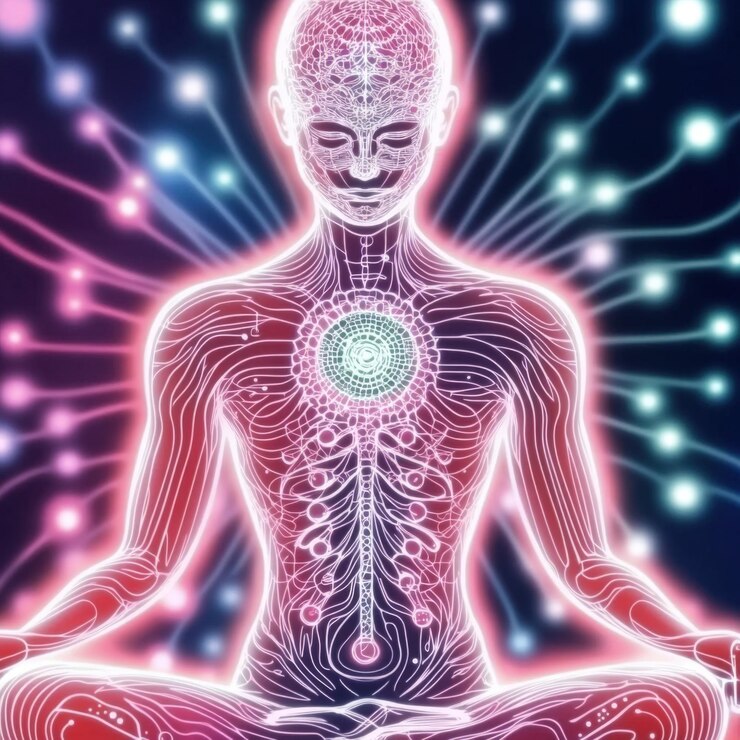 Flusso di energia radiante di una figura in meditazione in armonia cosmica al crepuscolo