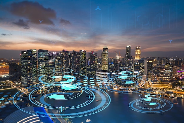 Flusso di informazioni ologramma panorama notturno vista sulla città di Singapore Il più grande centro tecnologico in Asia Il concetto di scienza della programmazione Doppia esposizione