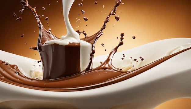 Flusso di latte e cioccolato che crea uno spruzzo