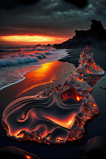 Flusso di lava di vetro di carnevale fuso durante il giorno della terra nera islandese.