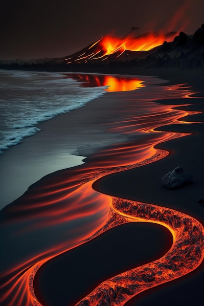 Flusso di lava di vetro di carnevale fuso durante il giorno della terra nera islandese.