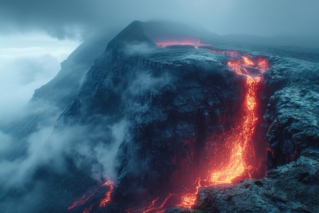 Flusso di lava fusa su terreni accidentati