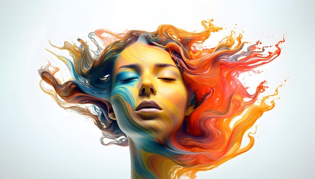 Flusso di pittura ad olio colorato sul volto umano IA generativa