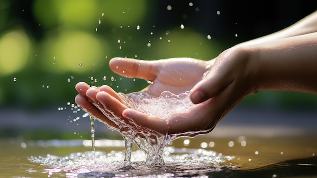 flusso di versamento dell'acqua sulla mano della donna sullo sfondo della natura