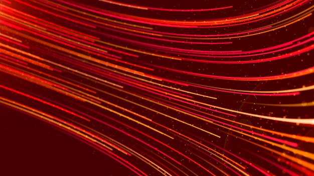 Flusso futuristico rosso Flusso di linea digitale con sfondo astratto di polvere e particelle