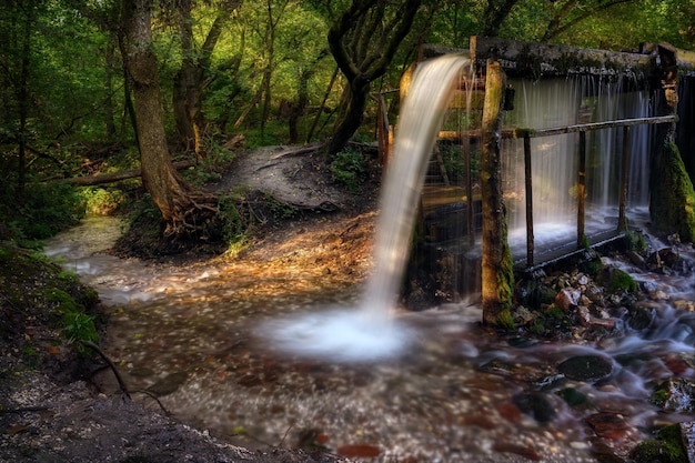 Flusso veloce di pura acqua di sorgente su un vecchio mulino. Paesaggio autunnale con cascata.