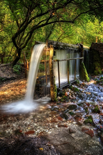 Flusso veloce di pura acqua di sorgente su un vecchio mulino. Paesaggio autunnale con cascata.